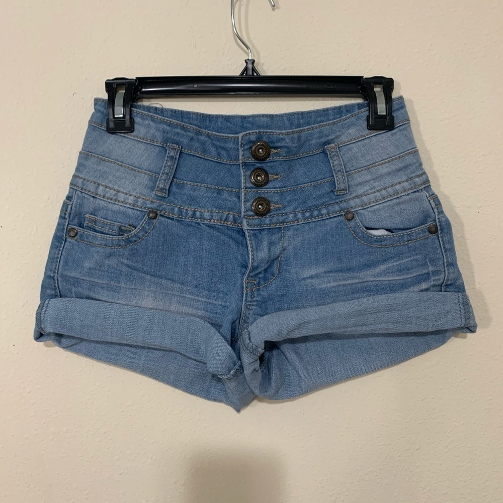BLUE ASPHALT Y2K Triple Threat high rise micro Denim Shorts shortie size 1